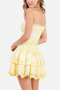 Cassie Strapless Embroidered Mini Dress in Yellow