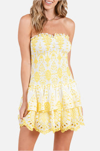 Cassie Strapless Embroidered Mini Dress in Yellow