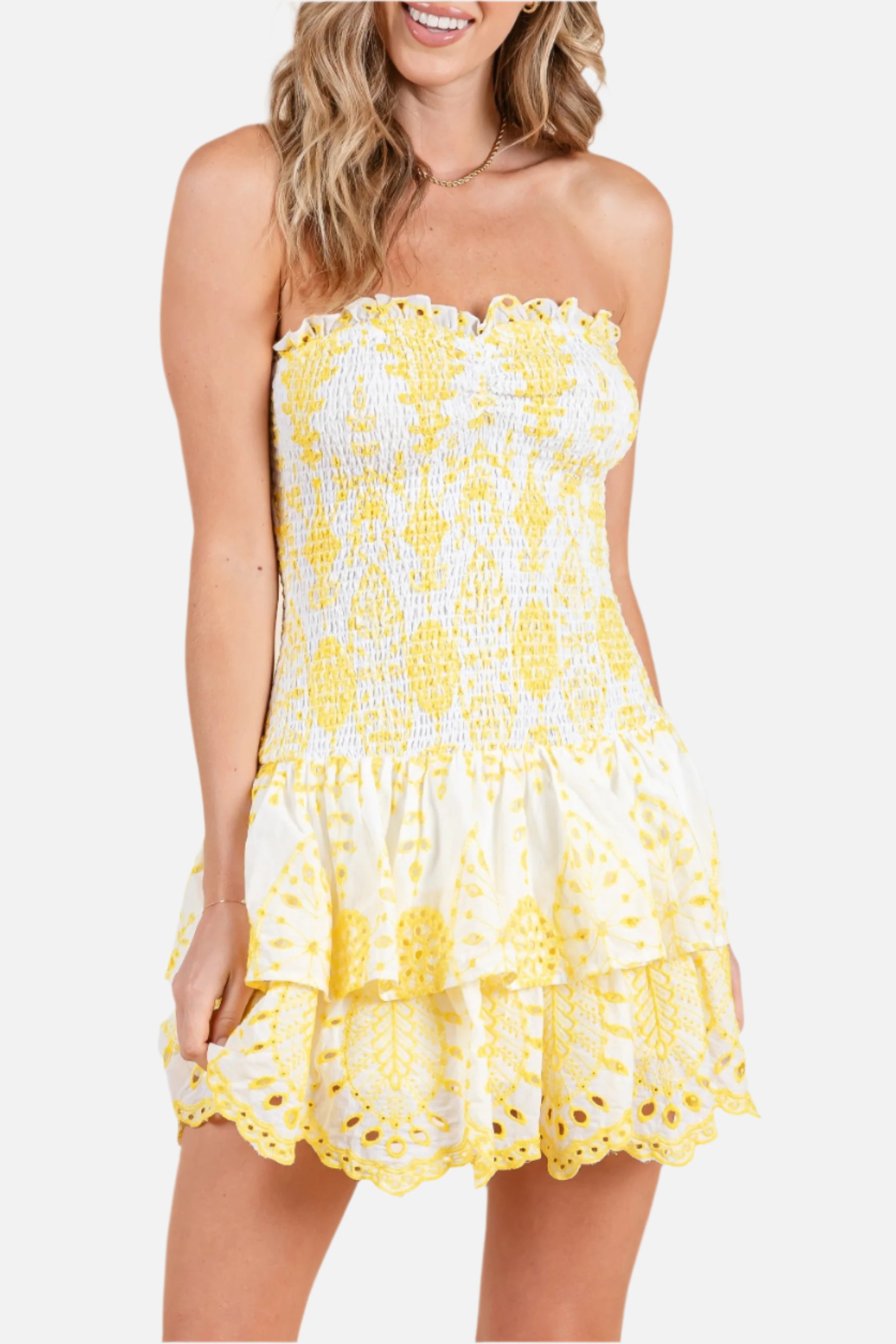 Cassie Strapless Embroidered Mini Dress in Yellow