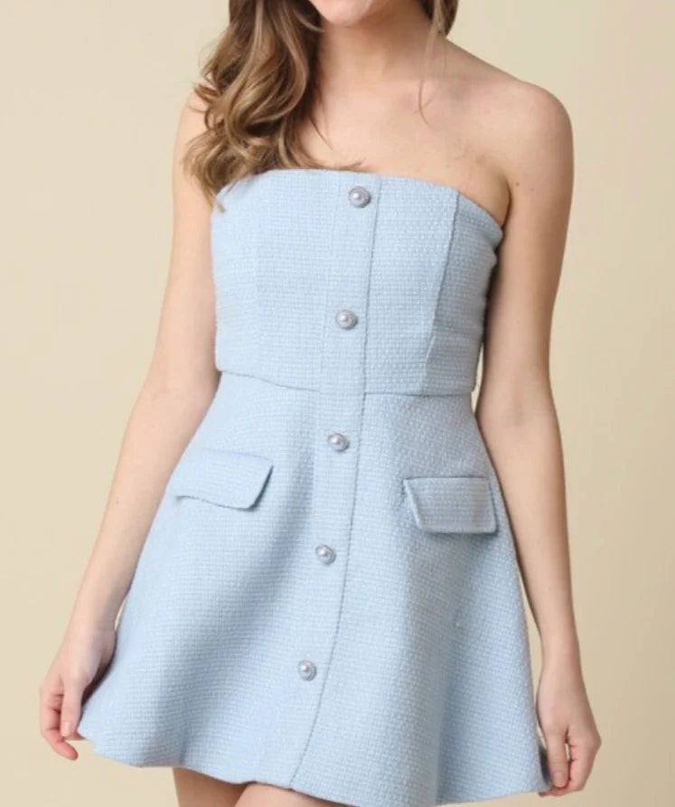 Eden Strapless Button Tweed Mini Dress