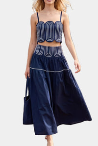 Posie Contrast Stitch Top & Midi Skirt Set in Navy/White