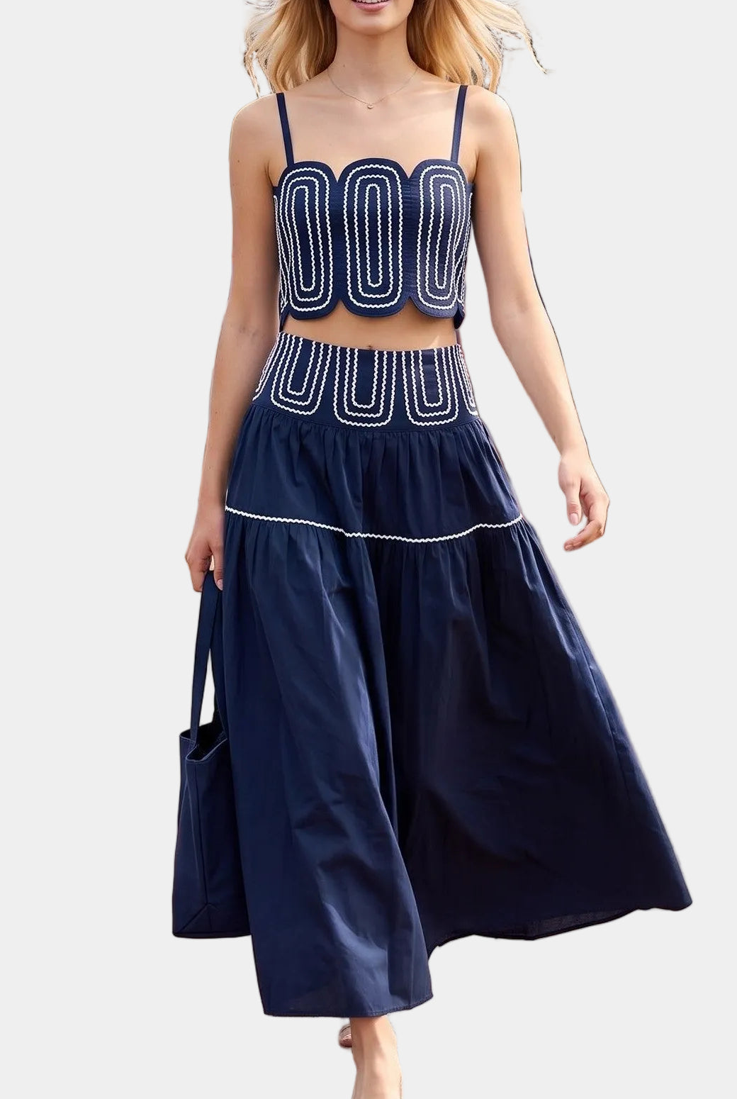 Posie Contrast Stitch Top & Midi Skirt Set in Navy/White