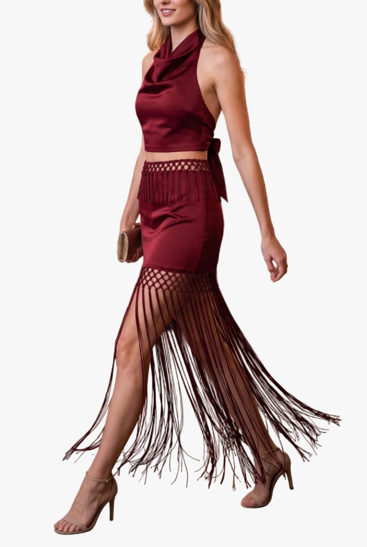 Jayden Fringe Satin Top & Maxi Skirt Set in Burgundy
