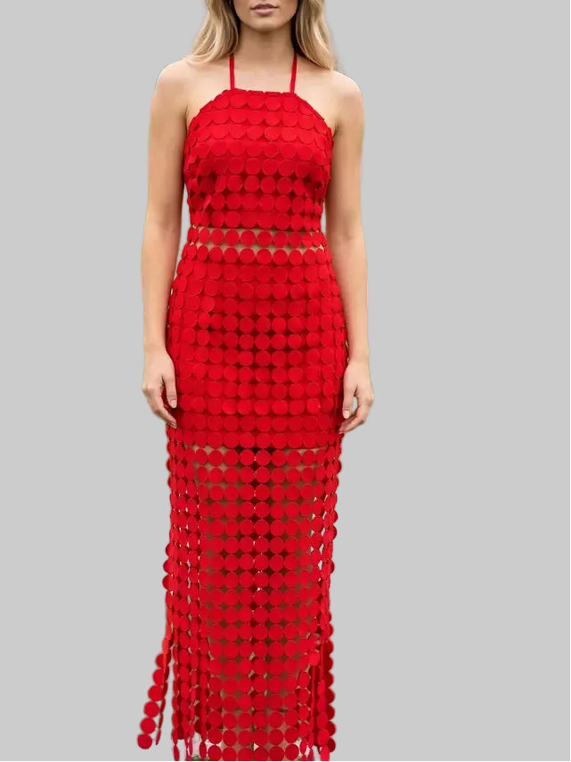 Dylan Dot Lace Halter Top & Sheer Maxi Skirt Set in Red