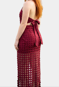 Dylan Dot Lace Halter Top & Sheer Maxi Skirt Set in Maroon