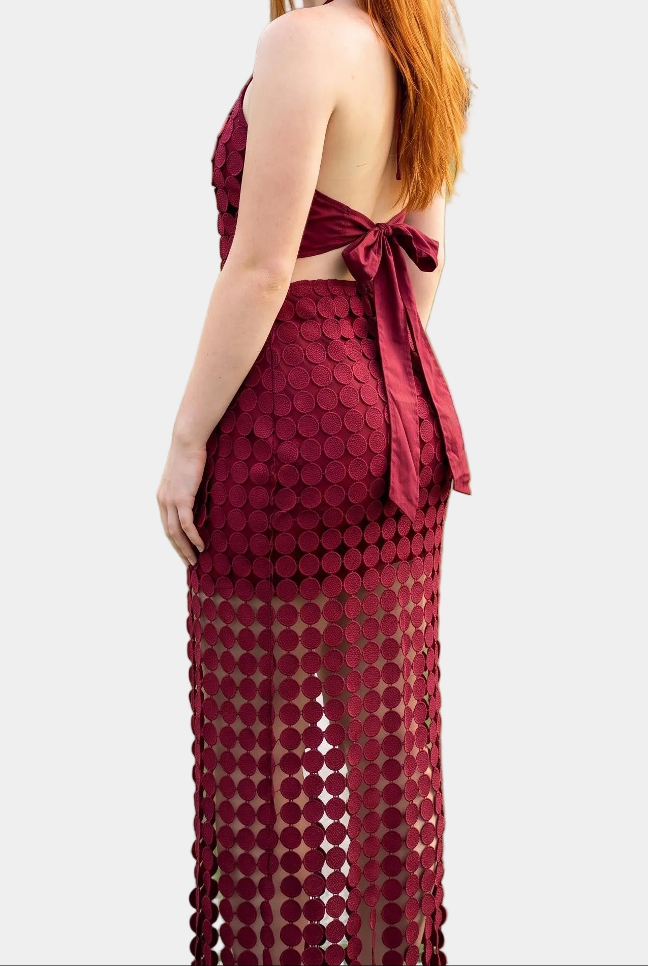 Dylan Dot Lace Halter Top & Sheer Maxi Skirt Set in Maroon