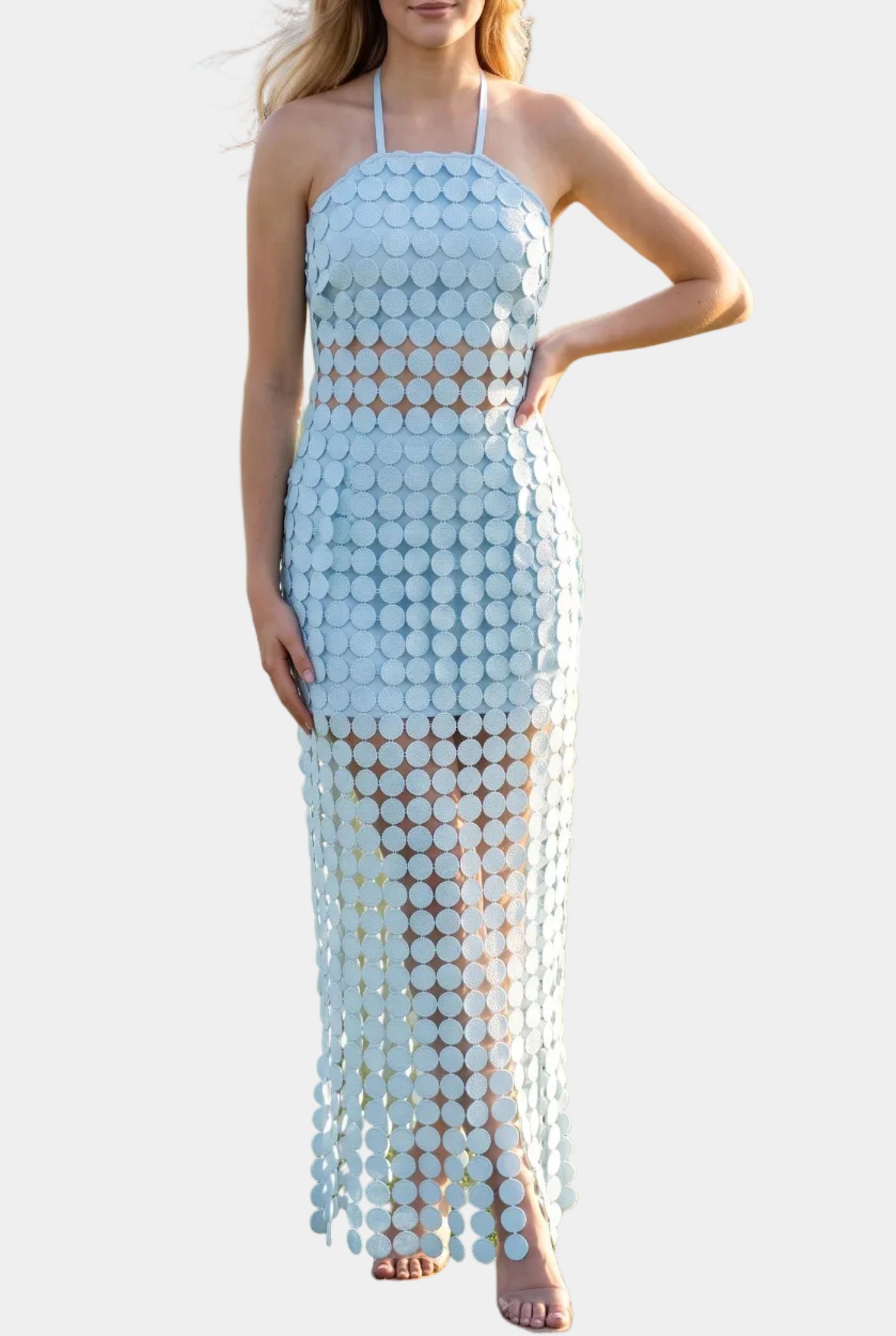 Dylan Dot Lace Halter Top & Sheer Maxi Skirt Set in Powder Blue