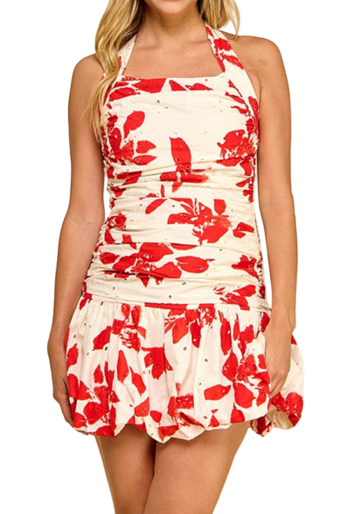 Gemma Halter Floral Eyelet Print Mini Dress