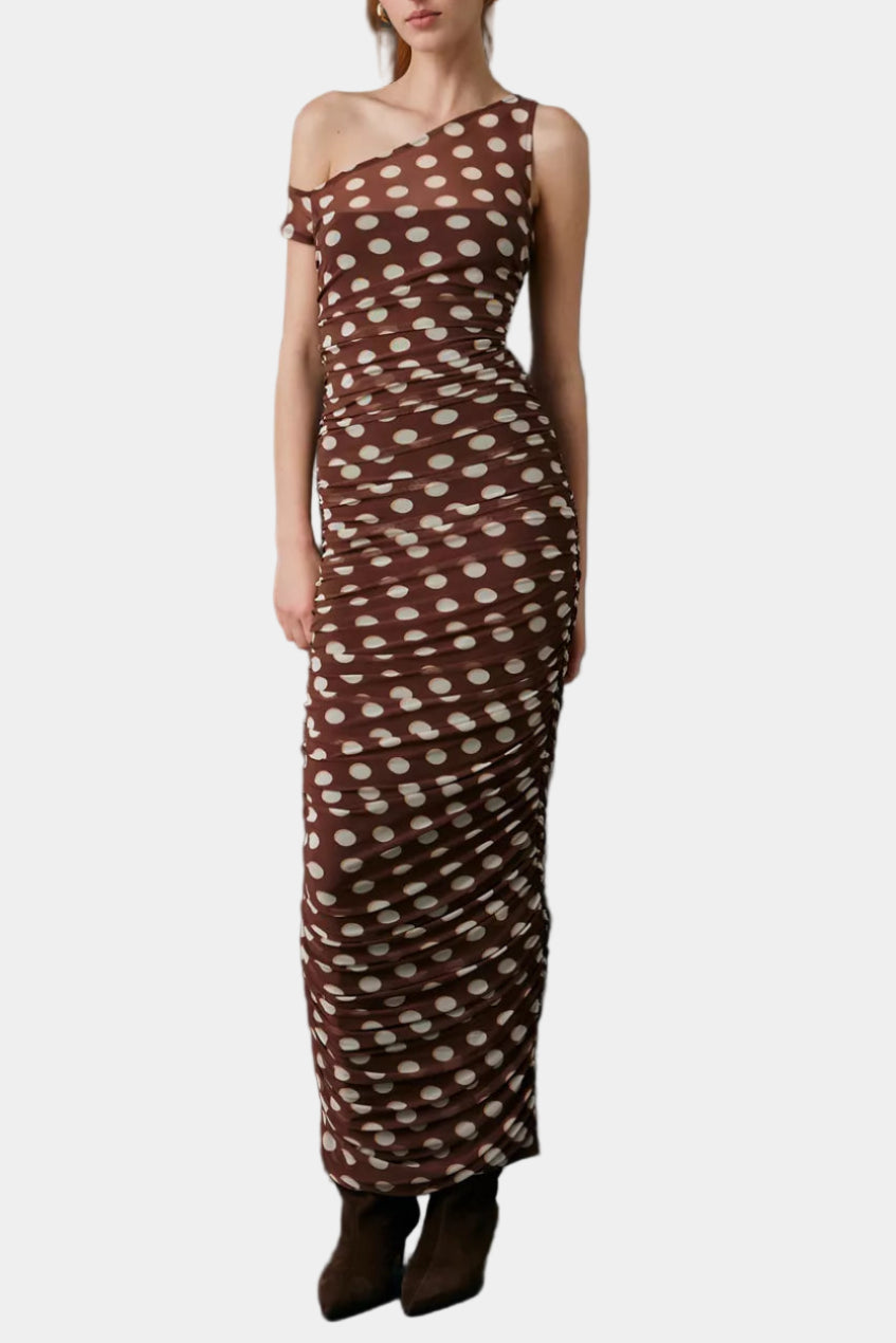 AFRM Biona Asymmetrical Maxi Dress in Chocolate Halo Dot