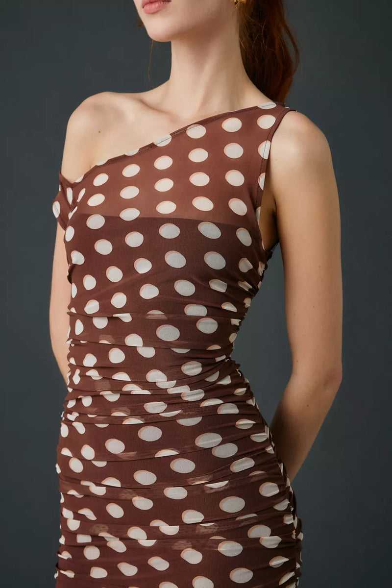 AFRM Biona Asymmetrical Maxi Dress in Chocolate Halo Dot