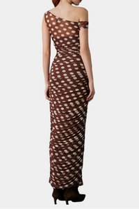 AFRM Biona Asymmetrical Maxi Dress in Chocolate Halo Dot