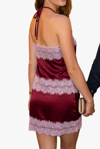 Evie Satin Lace Trim Halter Top &amp; Skort Set in Burgundy