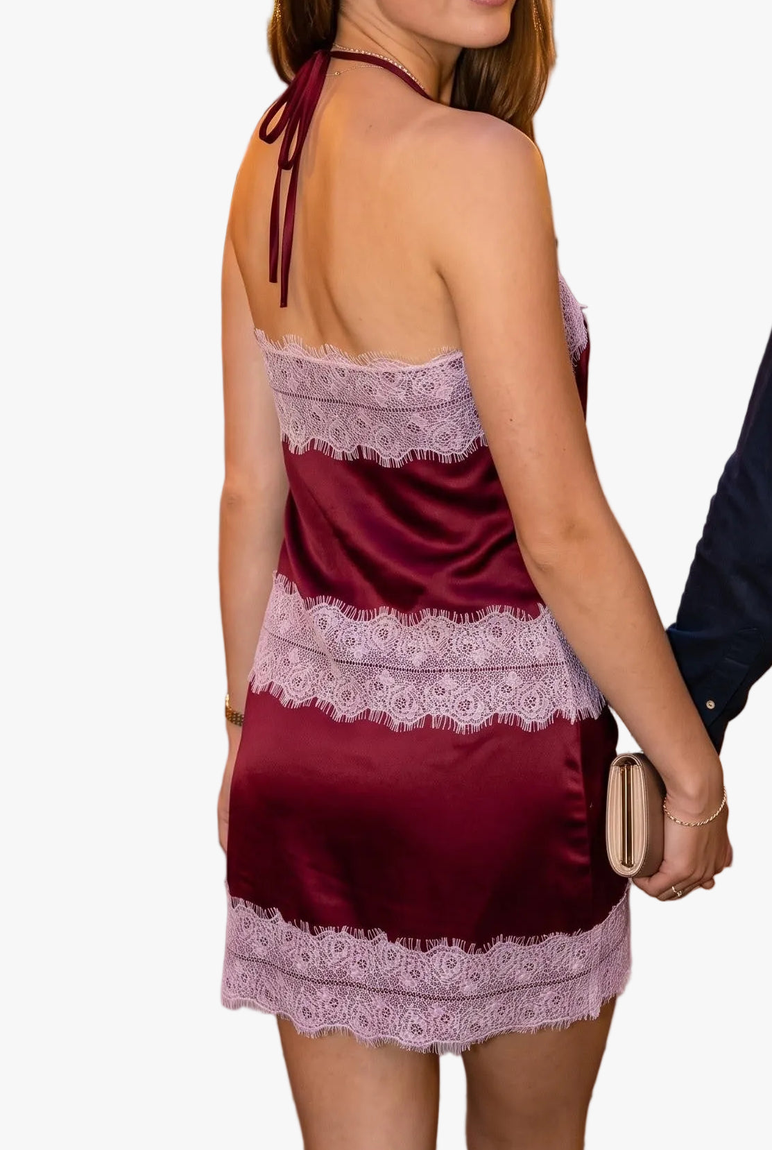 Evie Satin Lace Trim Halter Top &amp; Skort Set in Burgundy