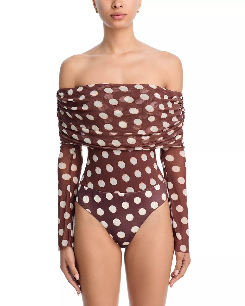 AFRM Maxine Mesh Bodysuit in Chocolate Halo Dot