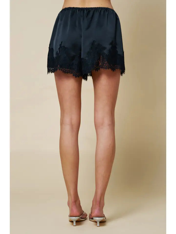 Daden Satin Lace Trim Shorts in Black
