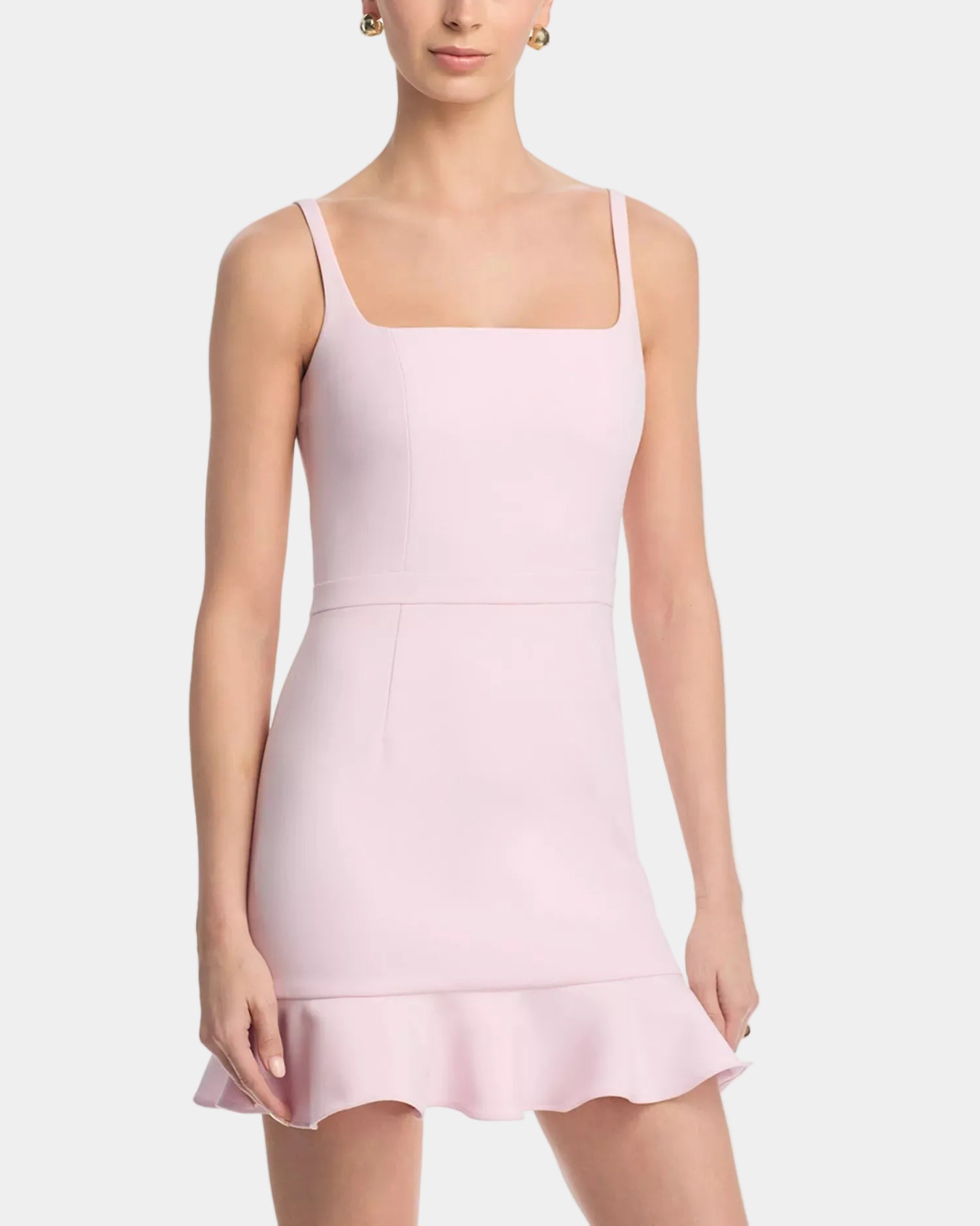 French Connection Whisper Square Neck Frill Hem Mini Dress in Pink Icing