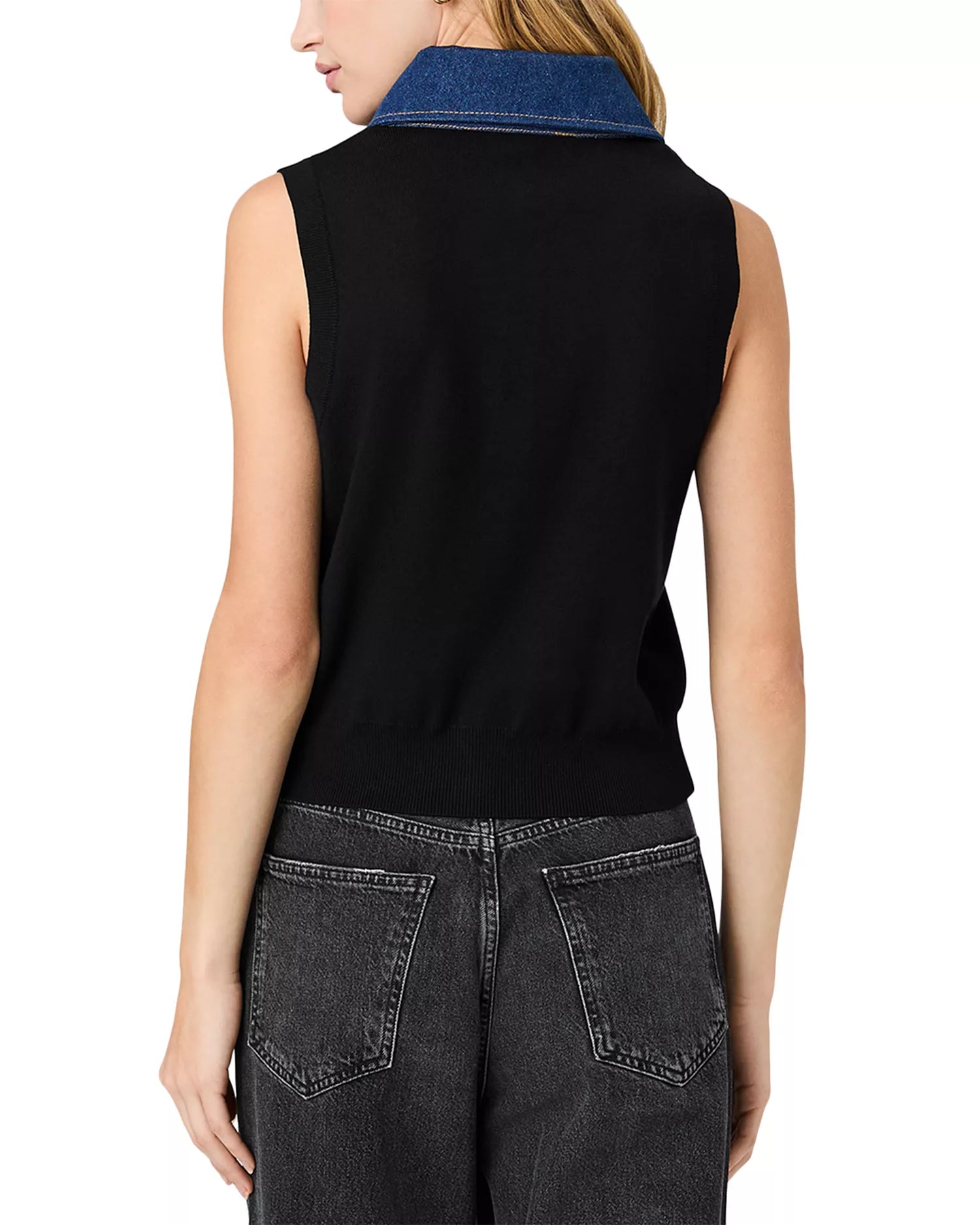 French Connection Maxime Knit Denim Collared Sweater Vest in Black