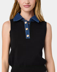 French Connection Maxime Knit Denim Collared Sweater Vest in Black