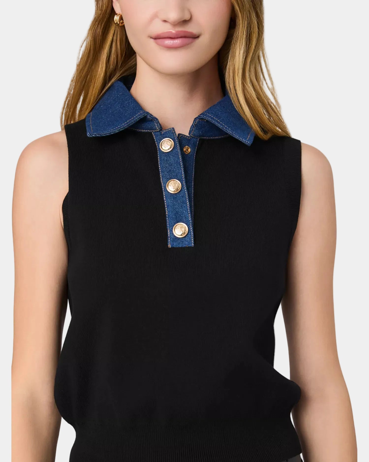 French Connection Maxime Knit Denim Collared Sweater Vest in Black