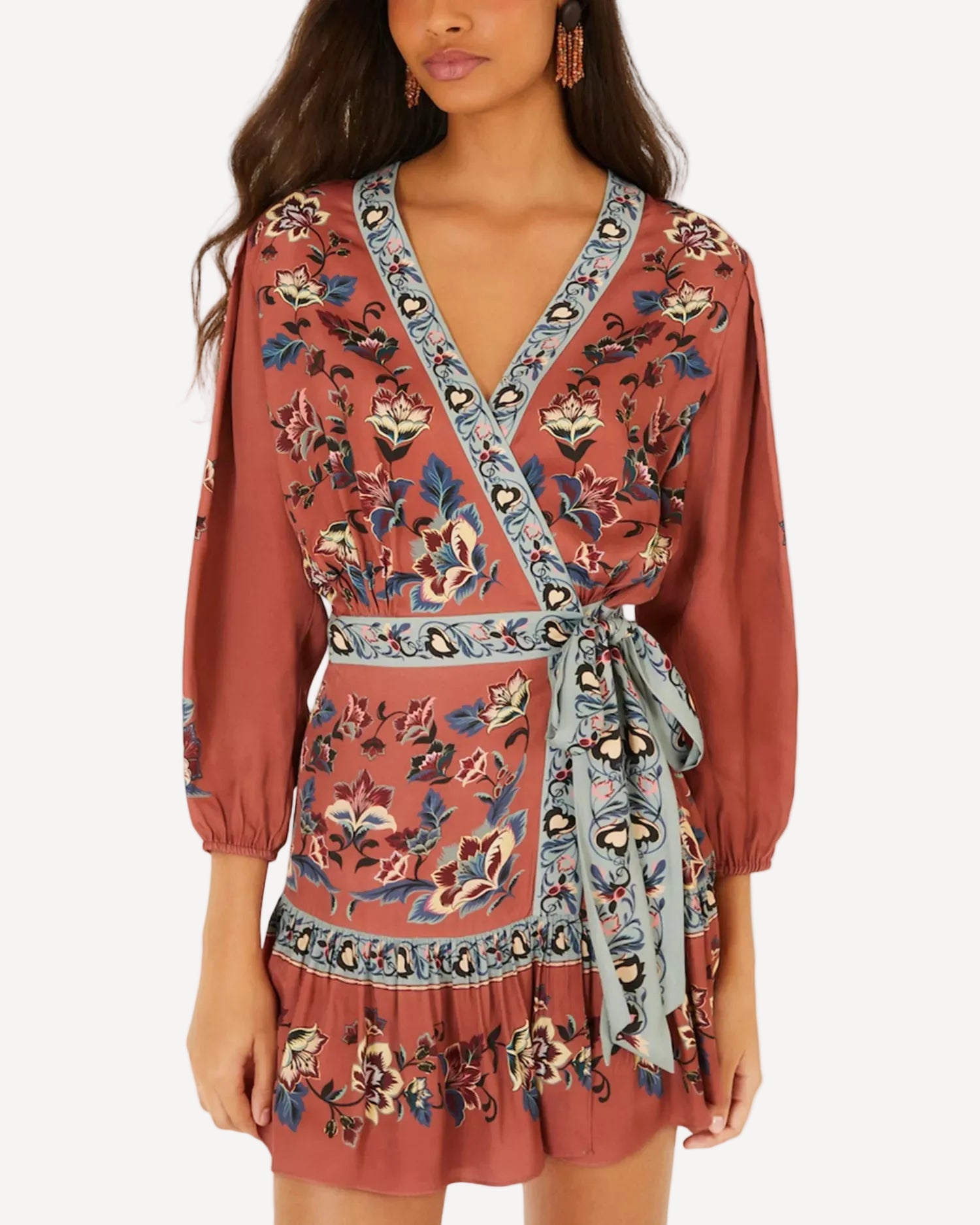 FARM Rio Floral Beauty Tapestry Wrap Mini Dress