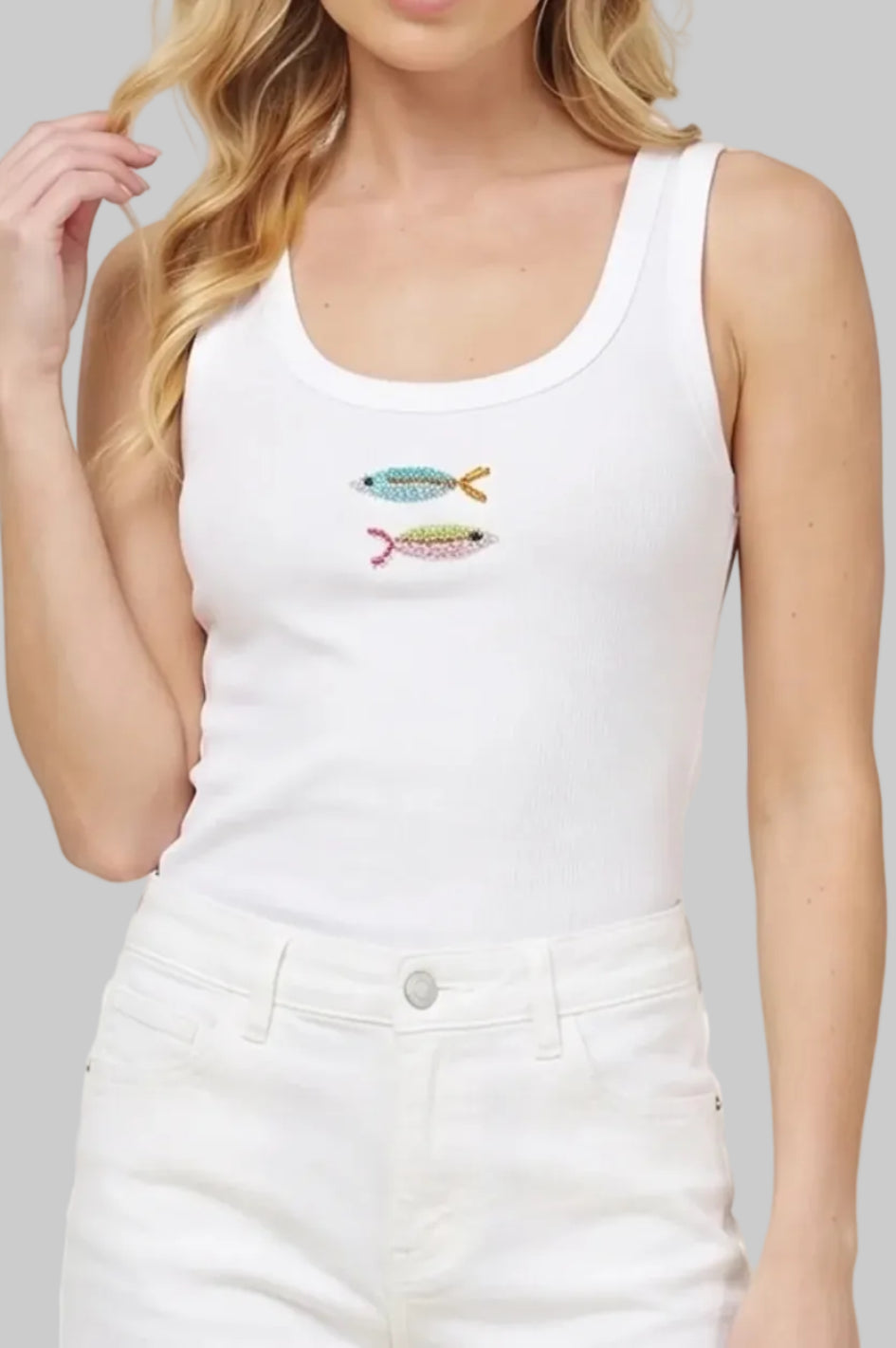 Emerson Colorful Fish Beaded Ribbed Tank Top