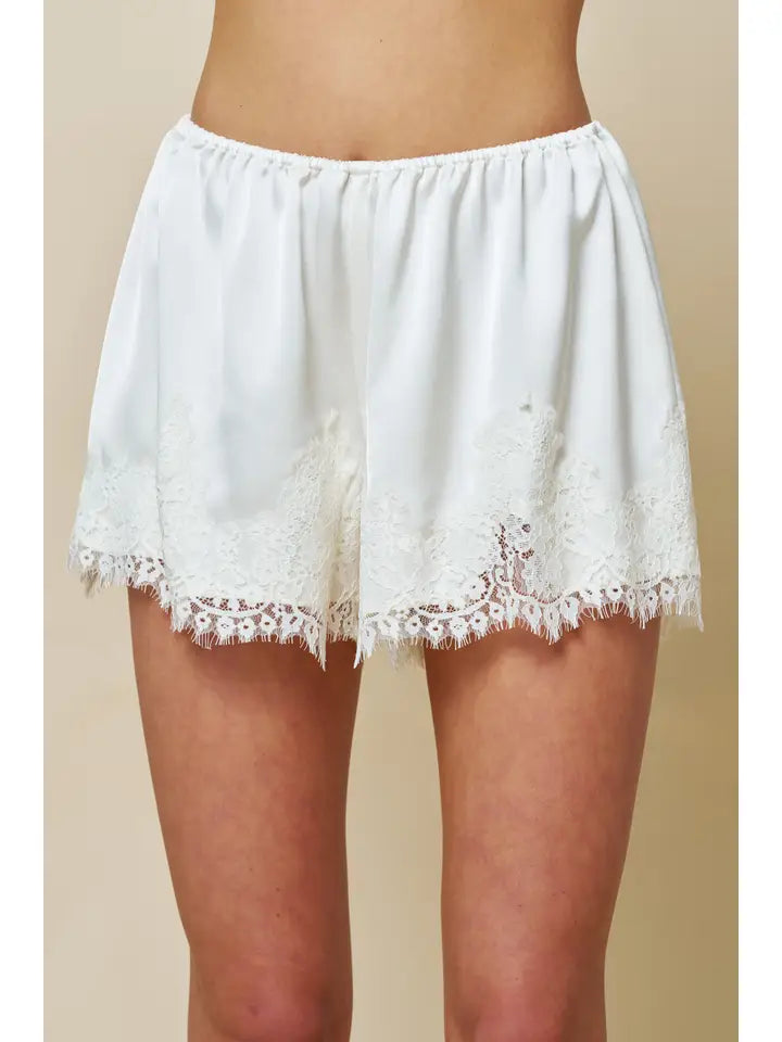 Daden Satin Lace Trim Shorts in Cream