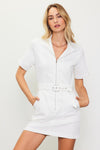 Easton Belted Short Sleeve Zip Up Dress in White