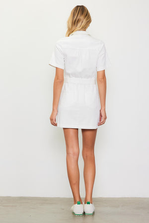 Easton Belted Short Sleeve Zip Up Dress in White