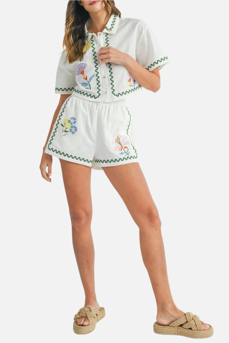 Millie Embroidered Button Shirt & Shorts Set