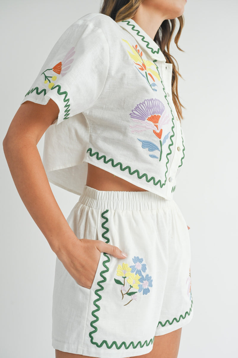 Millie Embroidered Button Shirt & Shorts Set