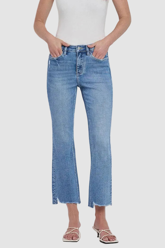 Perfectly High Rise Uneven Raw Hem Kick Flare Jeans