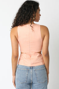 Liz Sleeveless Cut Out Linen Top in Peach