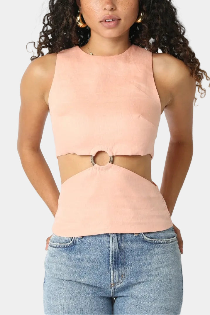 Liz Sleeveless Cut Out Linen Top in Peach