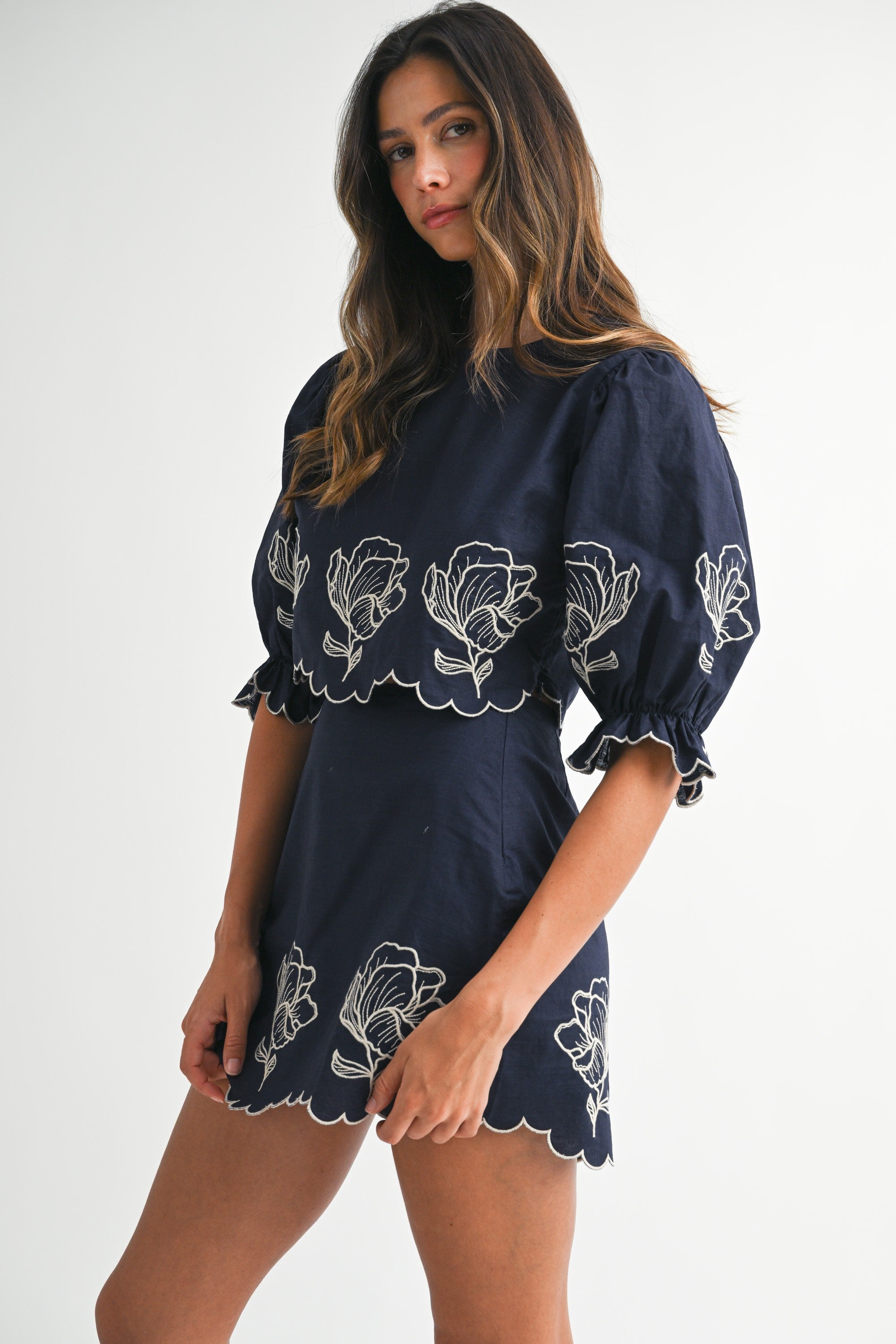 Jayme Embroidered Crop Top & Mini Skirt Set