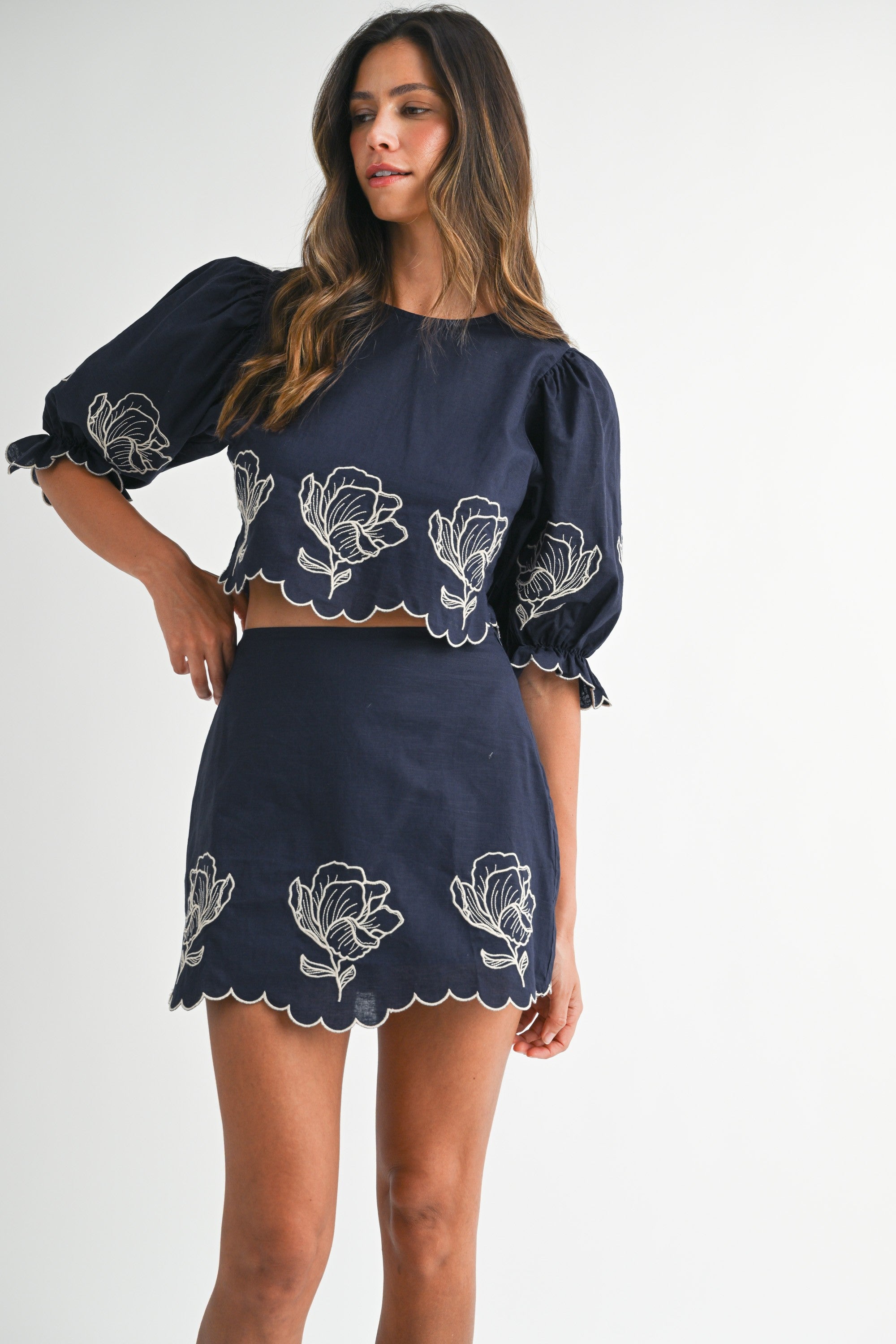 Jayme Embroidered Crop Top & Mini Skirt Set