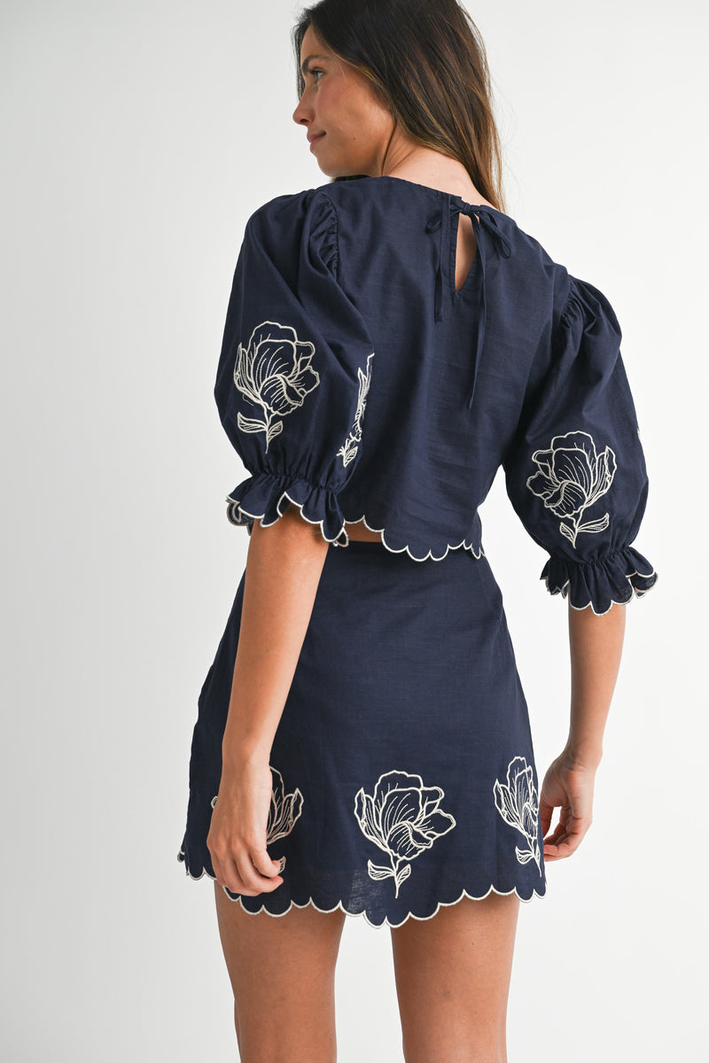 Jayme Embroidered Crop Top & Mini Skirt Set