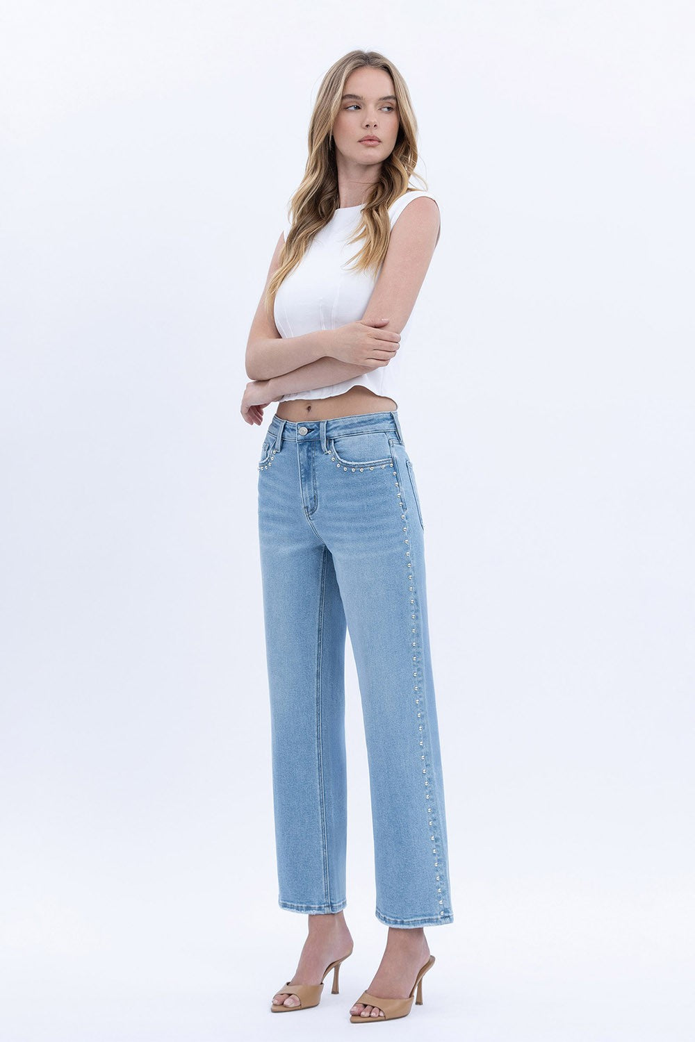 Honorable High Rise Ankle Studded Slim Wide Jeans