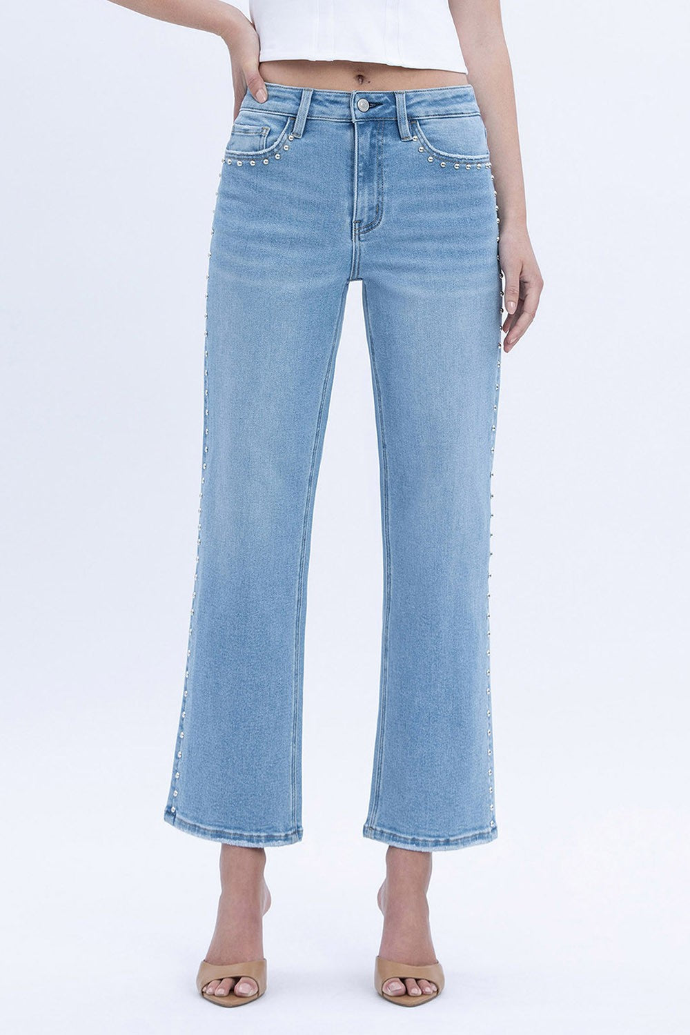 Jen High Rise Ankle Studded Slim Wide Jeans