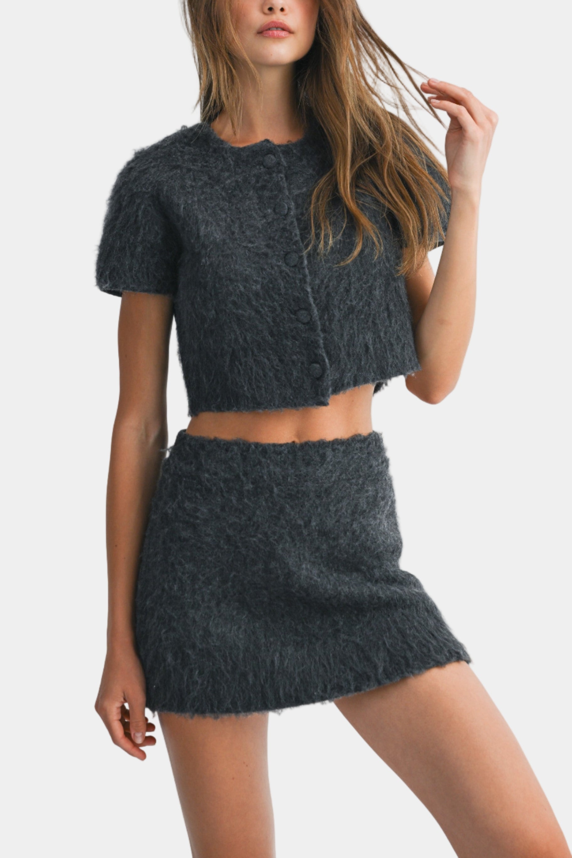 Camila Fuzzy Crop Cardi & Mini Skirt Set