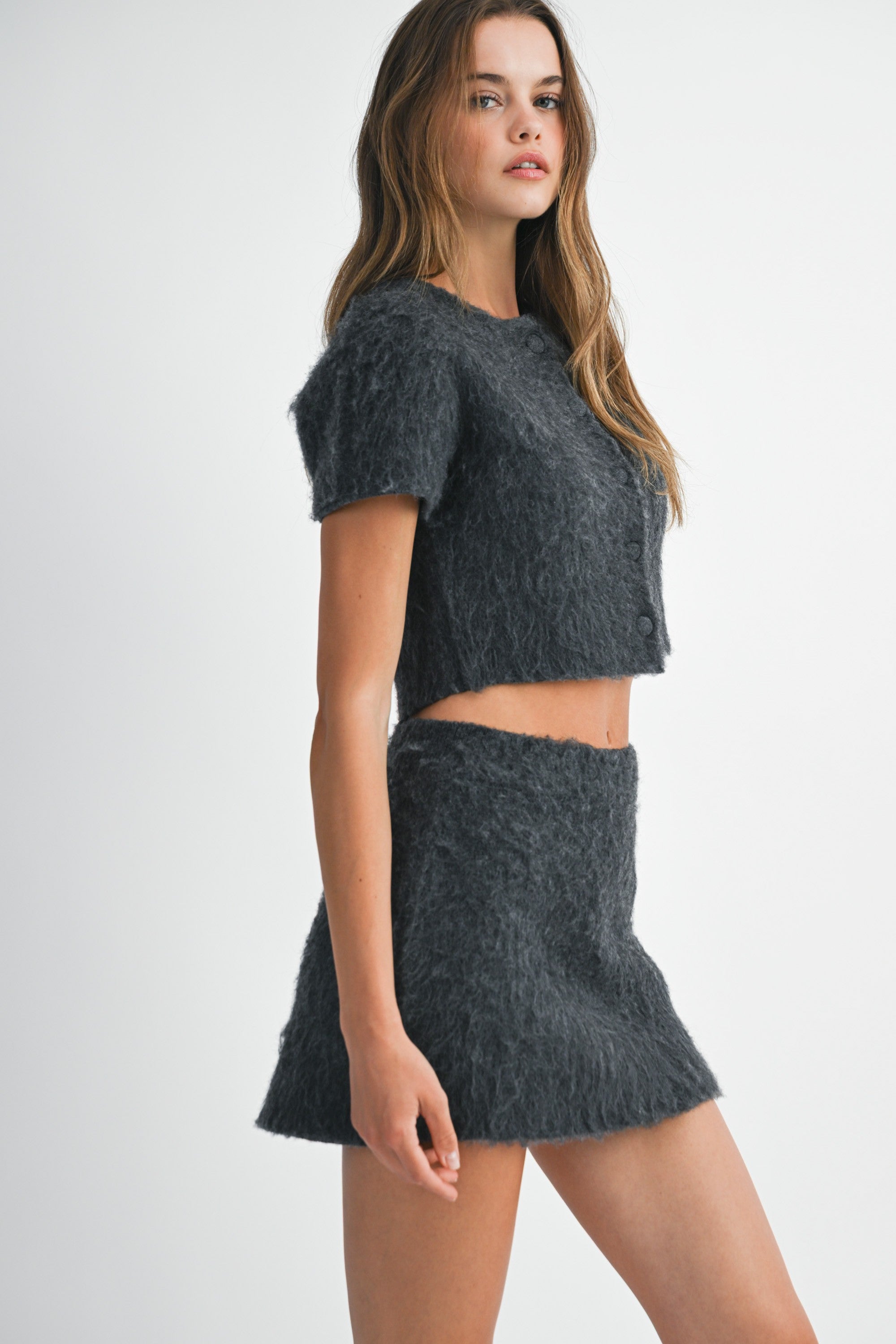 Camila Fuzzy Crop Cardi & Mini Skirt Set