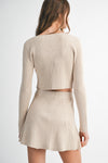 Wells Bow Tied Ribbed Cardigan & Mini Skirt Set in Light Taupe
