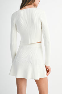 Wells Bow Tied Ribbed Cardigan & Mini Skirt Set in Cream