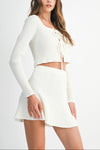 Wells Bow Tied Ribbed Cardigan & Mini Skirt Set in Cream