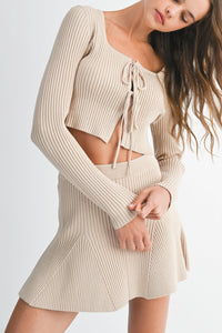 Wells Bow Tied Ribbed Cardigan & Mini Skirt Set in Light Taupe