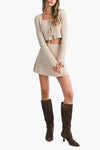 Wells Bow Tied Ribbed Cardigan & Mini Skirt Set in Light Taupe