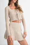 Wells Bow Tied Ribbed Cardigan & Mini Skirt Set in Light Taupe