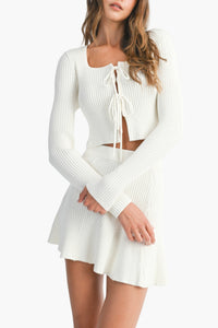 Wells Bow Tied Ribbed Cardigan & Mini Skirt Set in Cream