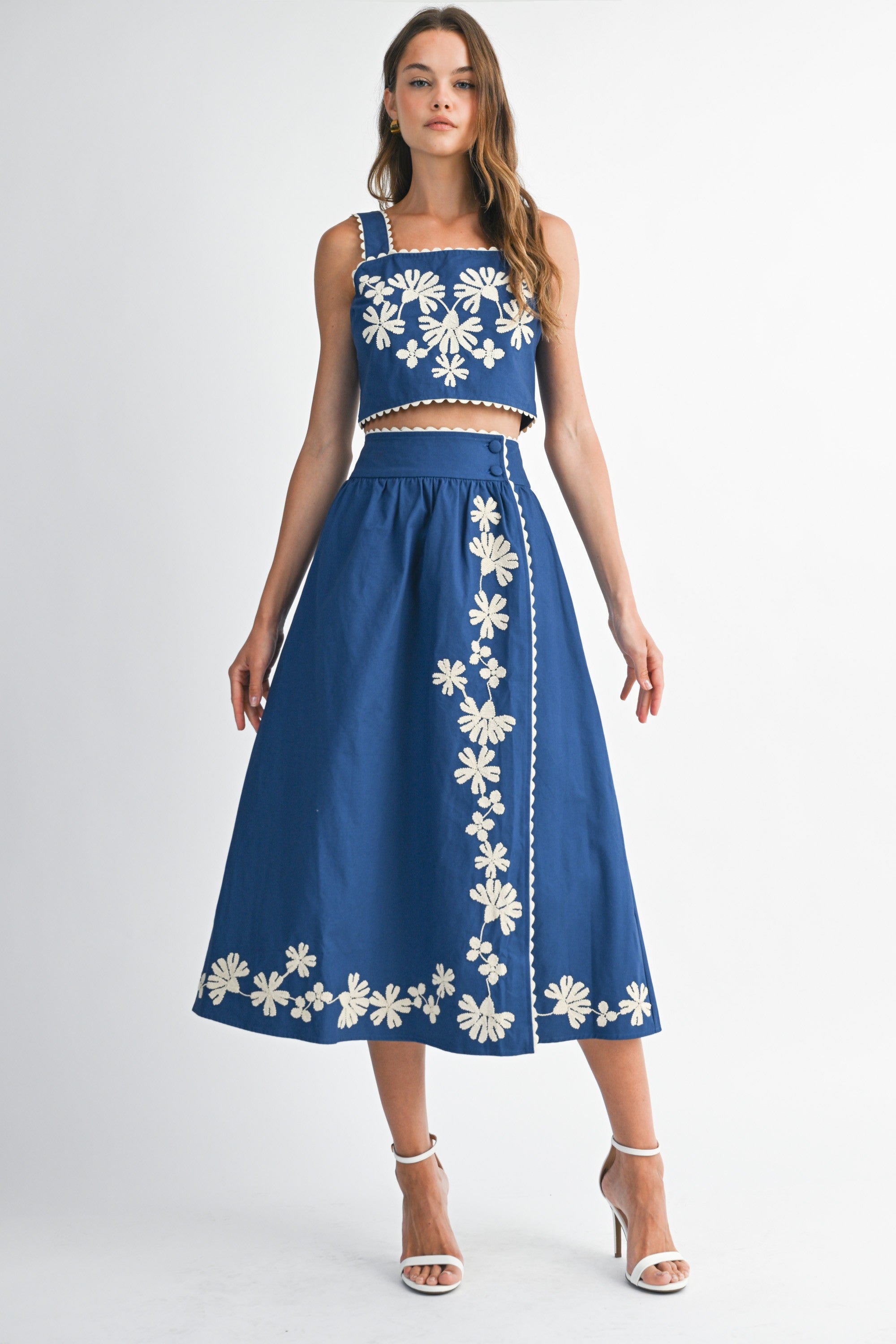 Misti Embroidery Crop Midi Skirt Set