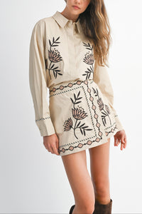Hyde Embroidered Button Down Shirt & Mini Skirt Set