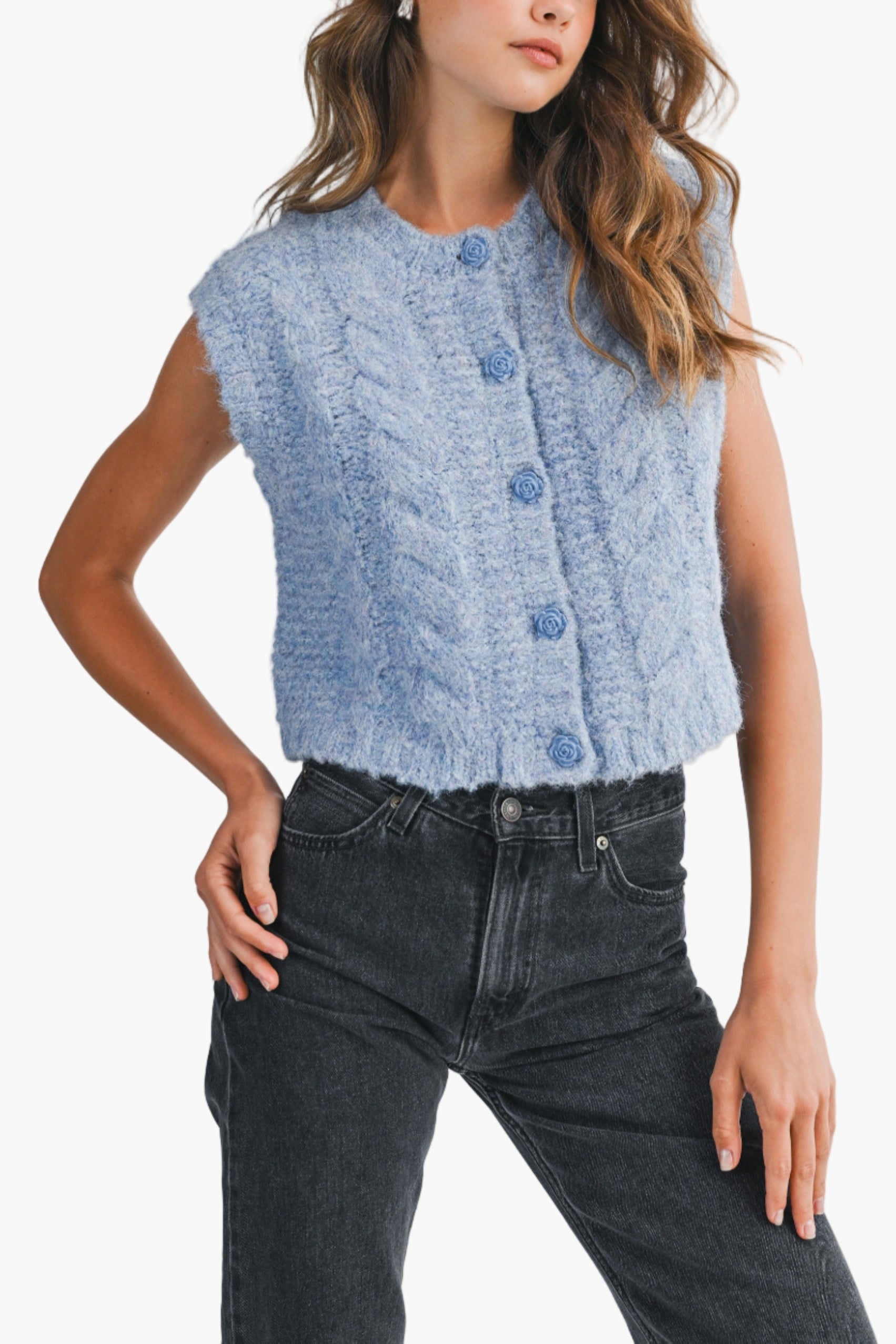 Kenna Rose Button Knit Vest in Blue